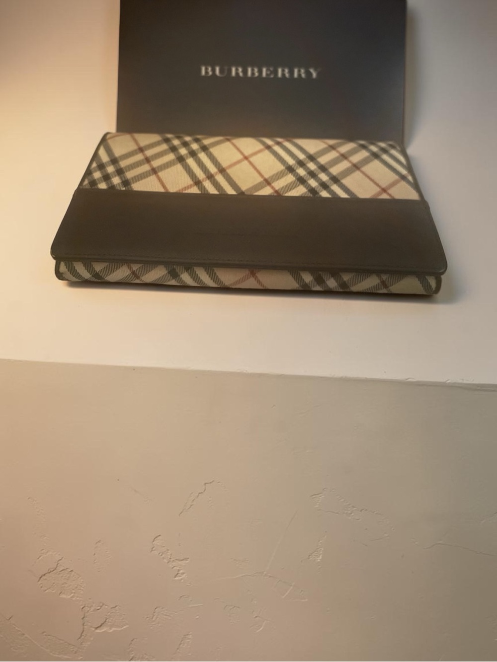 Burberry Beige Plaid Wallet with Brown Leather Trim
